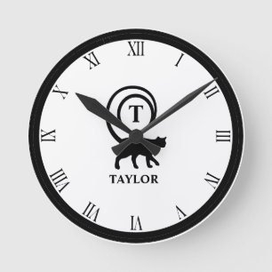 Monogram Name Initial Kitty Cat Lover White Black Round Clock