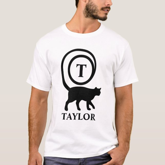 Monogram Name Initial Kitty Cat Lover White Black T-Shirt (Front)