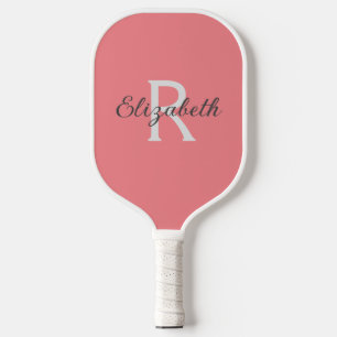 Monogram Name Initial Pink Coral Grey White Pickleball Paddle