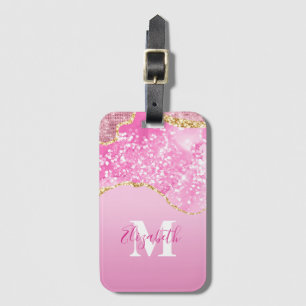 Monogram Name Initial Pink Gold Glam Glitter  Luggage Tag
