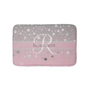 Monogram Name Initial Pink Grey Silver Trendy Bath Mat