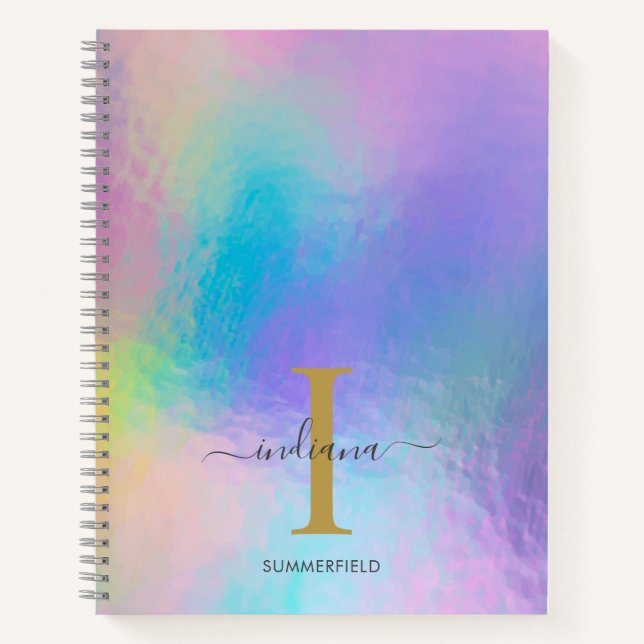 Monogram Name Initial Rainbow Holographic Gold Notebook (Front)