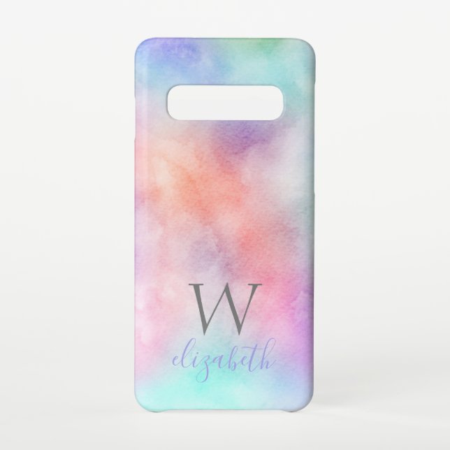 Monogram Name Initial Rainbow Watercolor Pastel Samsung Galaxy Case (Back)