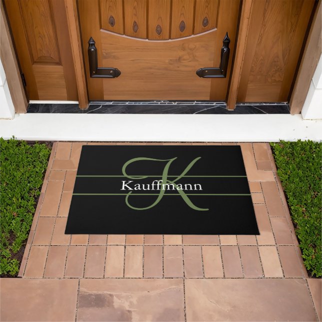 Monogram Name Initial Script Black Green White Doormat (Outdoor)