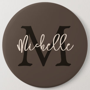 Monogram Name Initial Script Cream Brown 6 Inch Round Button
