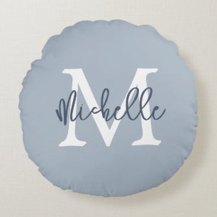 Monogram Name Initial Script Dusty Blue Round Pillow