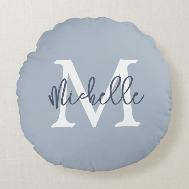 Monogram Name Initial Script Dusty Blue Round Pillow (Front)