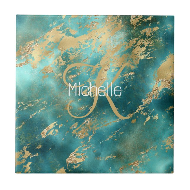 Monogram Name Initial Turquoise Green Gold Marble  Tile (Front)