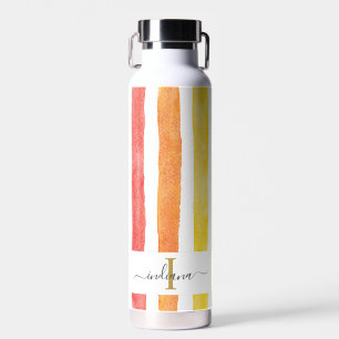 Monogram Name Initial Watercolor Rainbow Stripes Water Bottle