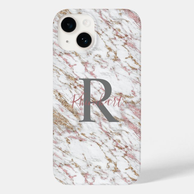 Monogram Name Initial White Grey Gold Pink Marble  Case-Mate iPhone Case (Back)