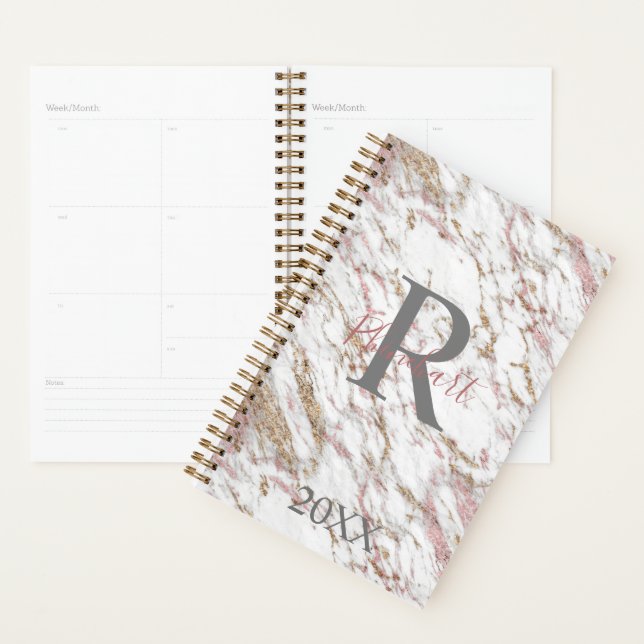 Monogram Name Initial White Grey Gold Pink Marble  Planner (Display)