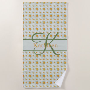 Monogram Name Initial Yellow Green Floral Beach Towel