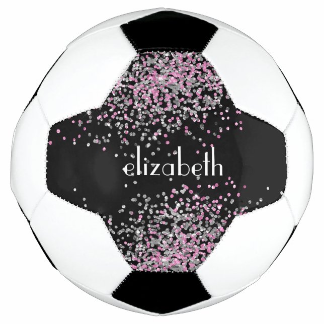 Monogram Name Initials Black Pink Silver Glitter Soccer Ball (Front)