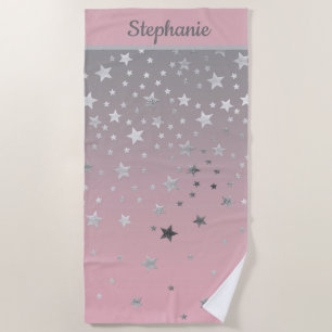 Monogram Name Initials Pink And Grey Stars Ombre Beach Towel
