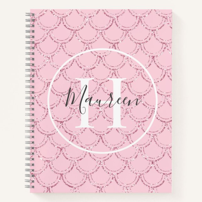 Monogram Name Initials Pink Mermaid Scales Glitter Notebook (Front)