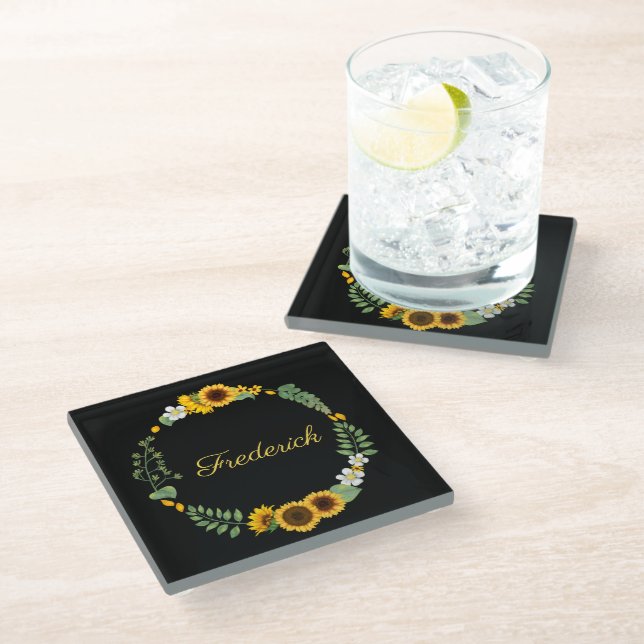 Monogram Name Initials Sunflowers Floral Black Glass Coaster (Angled)