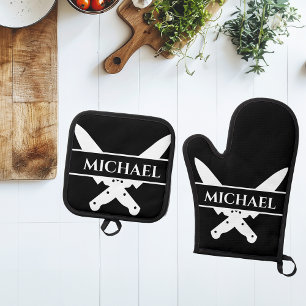 Monogram Name Knives Chef Cook Grilling Oven Mitt & Pot Holder Set