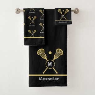 Monogram Name Lacrosse Gold Black  Bath Towel Set