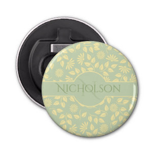 Monogram Name  Leaf Daisy Pattern Pastel Green Bottle Opener