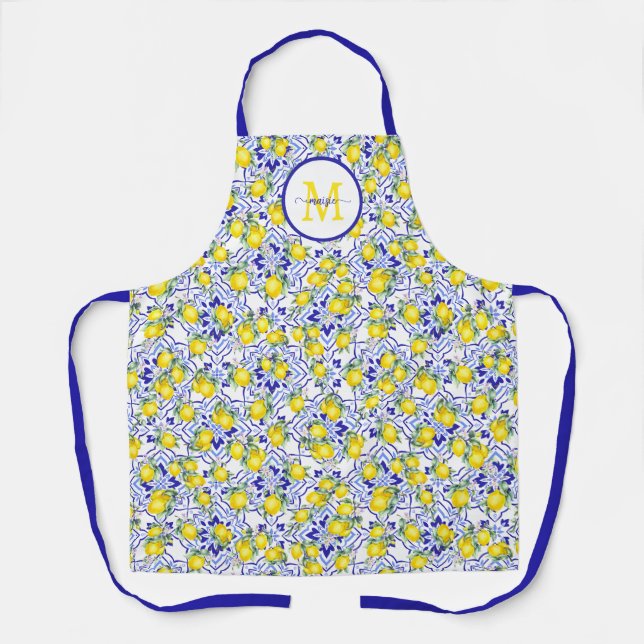 Monogram Name Lemon Blue French Country Tile  Apron (Front)