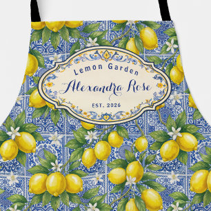 Monogram Name Lemon Blue French Country Tile  Apron