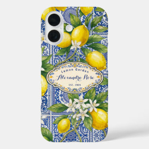 Monogram Name Lemon Blue French Country Tile  iPhone 16 Case