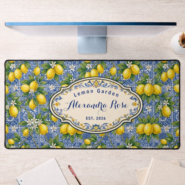 Monogram Name Lemon Blue French Country Tile  Desk Mat (Creator Uploaded)