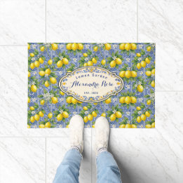 Monogram Name Lemon Blue French Country Tile Doormat