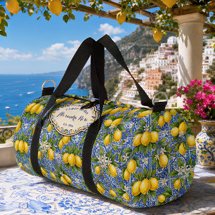 Monogram Name Lemon Blue French Country Tile Duffle Bag