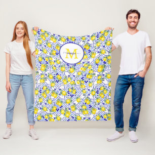 Monogram Name Lemon Blue French Country Tile Fleece Blanket