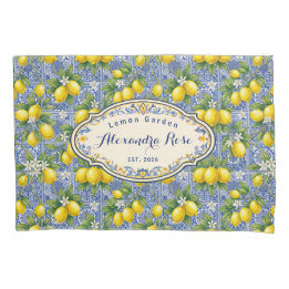 Monogram Name Lemon Blue French Country Tile Pillowcase