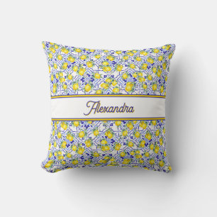 Monogram Name Lemon Blue French Country Tile Throw Pillow