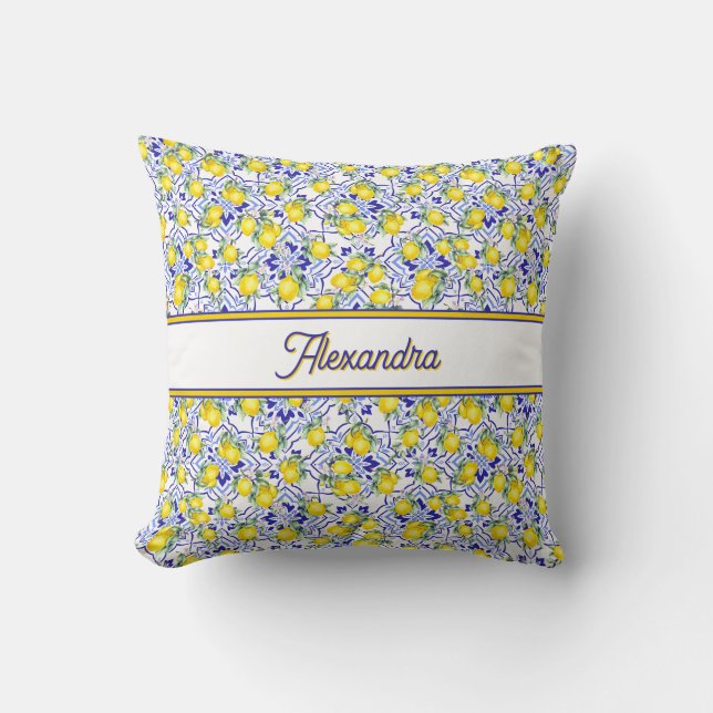 Monogram Name Lemon Blue French Country Tile  Throw Pillow (Front)
