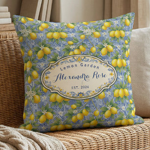 Monogram Name Lemon Blue French Country Tile  Throw Pillow