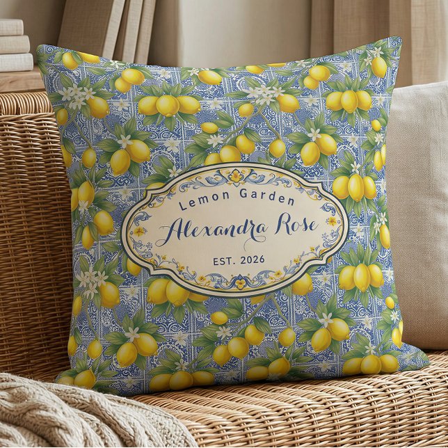 Monogram Name Lemon Blue French Country Tile  Throw Pillow (Creator Uploaded)