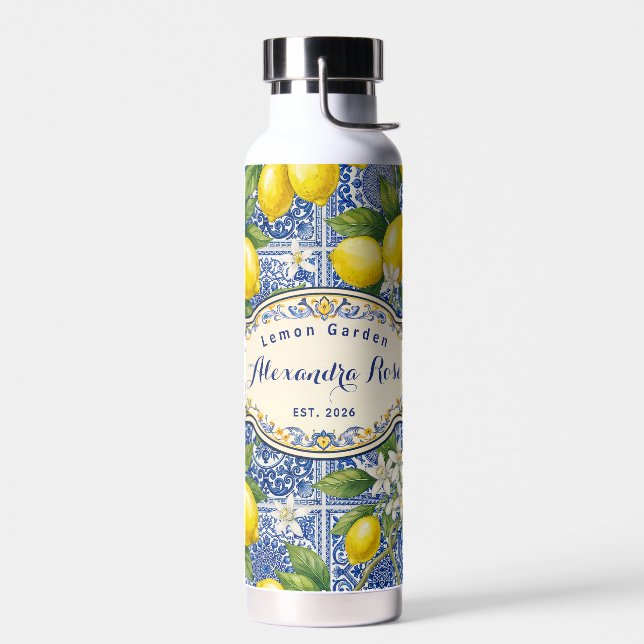 Monogram Name Lemon Blue French Country Tile  Water Bottle (Left)