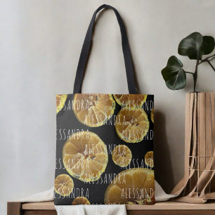 Monogram name lemon slices black yellow white  tote bag