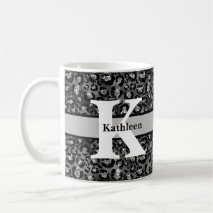 Monogram Name Leopard Print Black Silver Grey  Coffee Mug