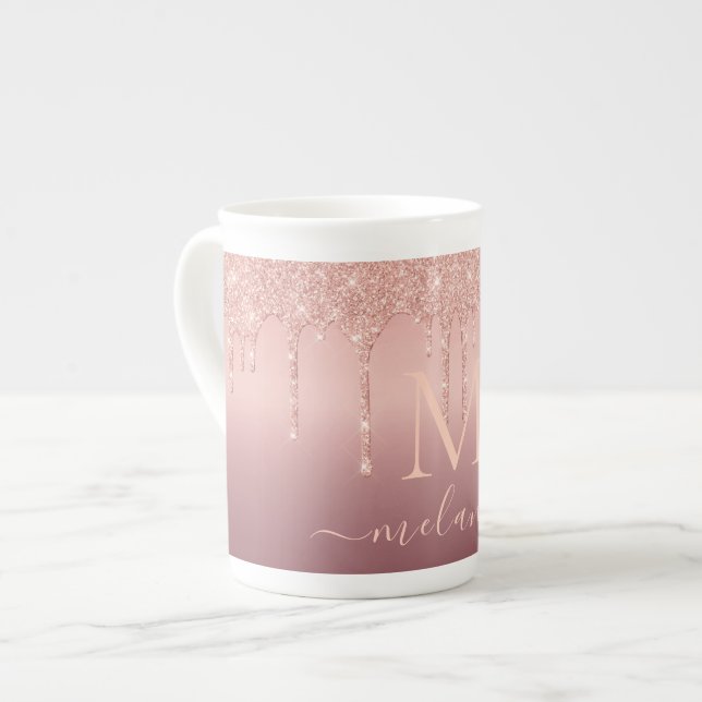 Monogram Name Letter Rose Gold Glitter Mug (Front Left)