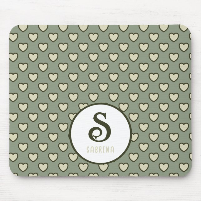 Monogram Name Light Green Hearts Pattern Mouse Pad (Front)