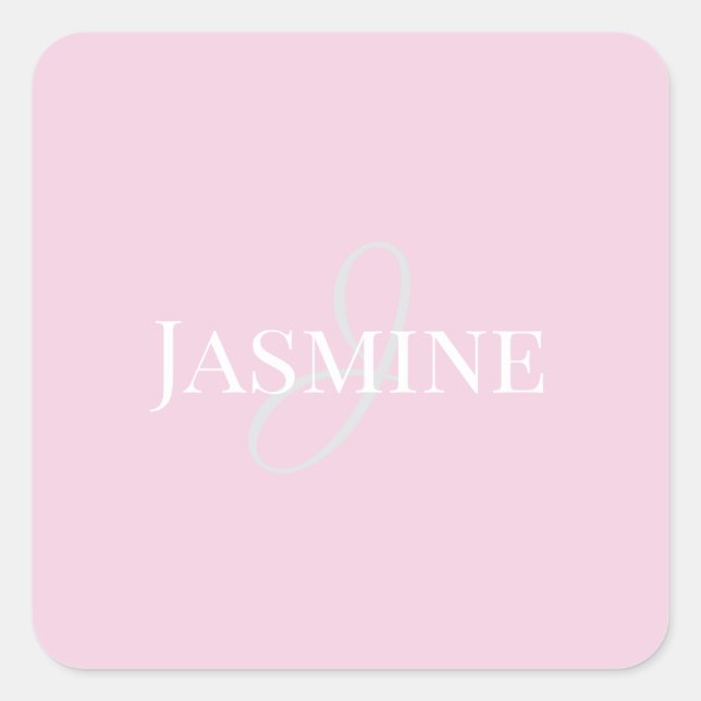Monogram Name Light Pink White Elegant Girly  Square Sticker (Front)