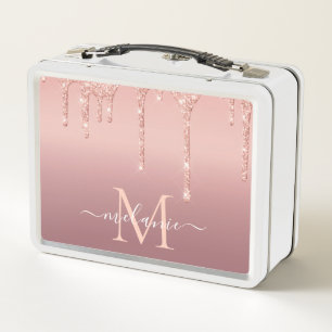 Monogram Name Lunch Box Rose Gold Blush Glitter