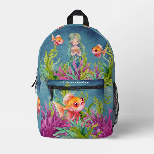  Monogram Name Mermaid Beach Teal Blue Printed Backpack (Front)