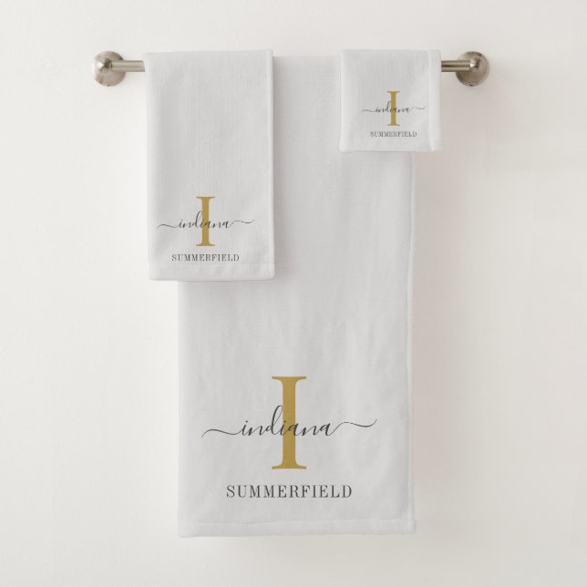 Monogram Name Minimalist Gold Grey Script Bath Towel Set (Insitu)