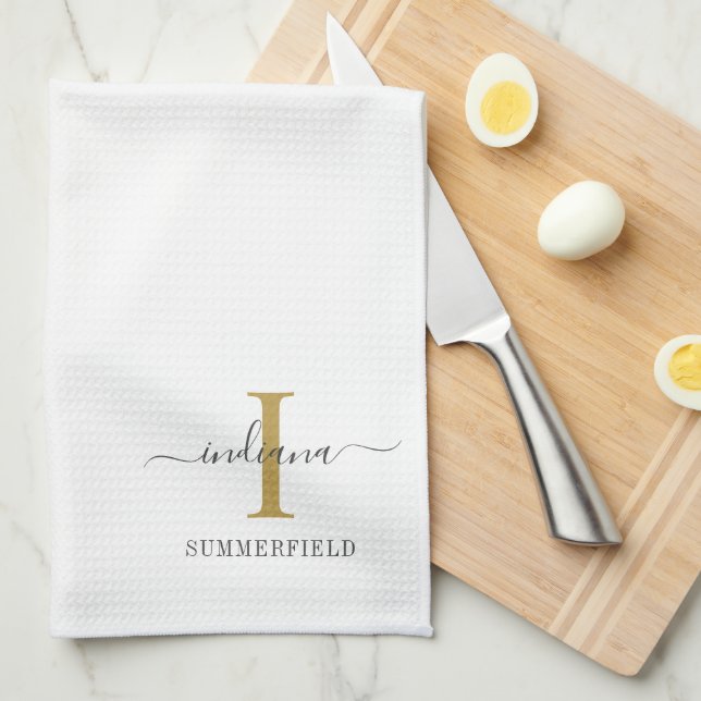 Monogram Name Minimalist Gold Grey Script Custom Kitchen Towel (Quarter Fold)