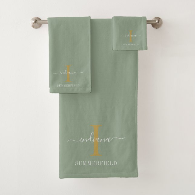 Monogram Name Minimalist Gold White Script Bath Towel Set (Insitu)