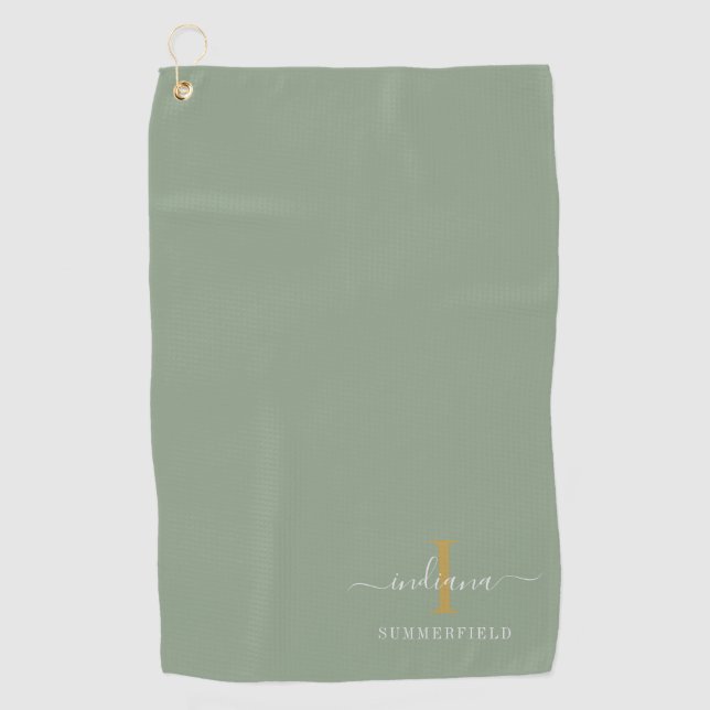Monogram Name Minimalist Gold White Script Golf Towel (Front)