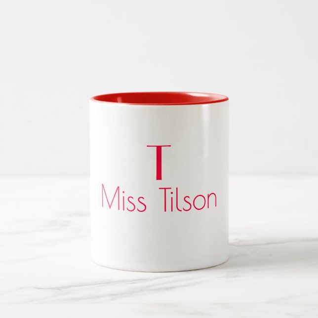 Monogram Name Minimalist Red Modern Instructor Two-Tone Coffee Mug (Center)