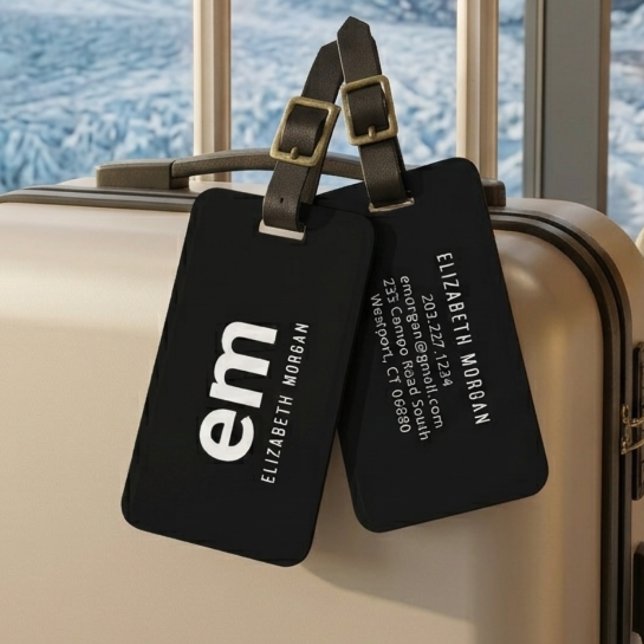 Monogram Name Modern Black Travel Elegant Luggage Tag (Creator Uploaded)