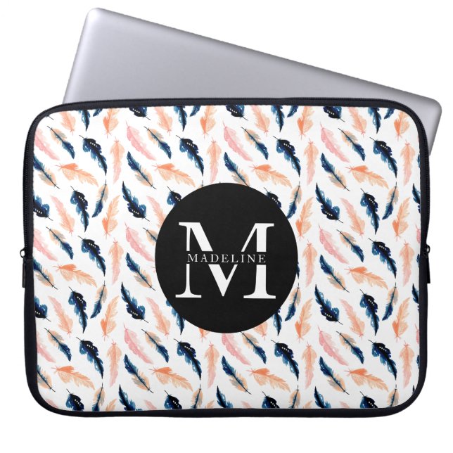 Monogram Name Modern Cute Nature Feather Pattern Laptop Sleeve (Front)